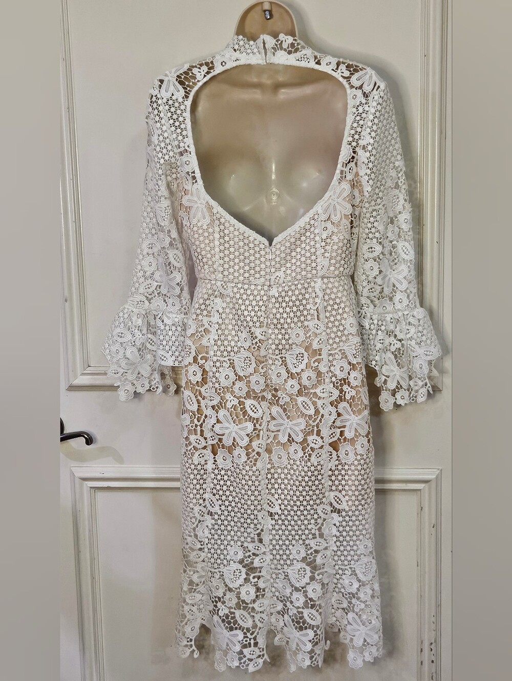 Free People La Spezia Dress White Scalloped Lace Beige Lining Bell Sleeves,Small - Picture 7 of 16